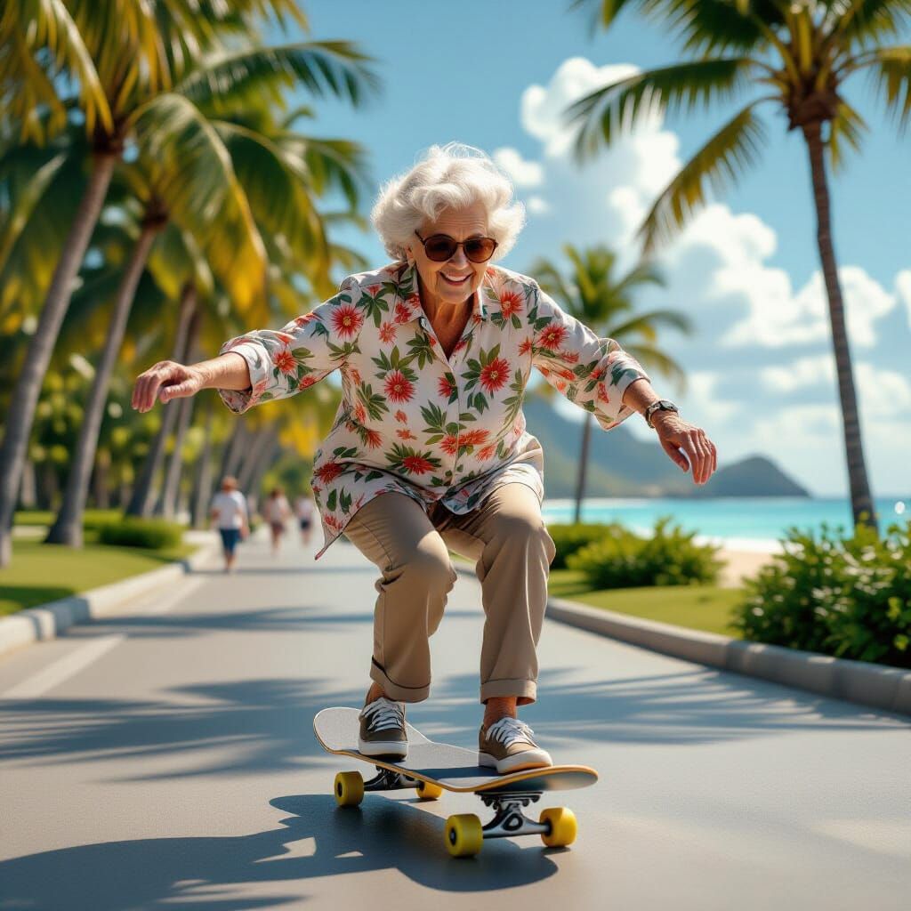 Grandma Skateboarding in Beachside Park: Digital Matte Paint...
