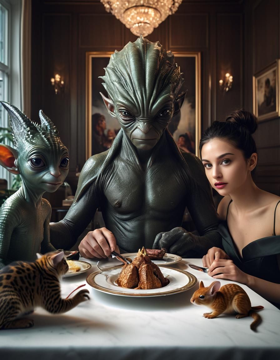 Hyperrealistic Alien-Human Gathering in Opulent Home