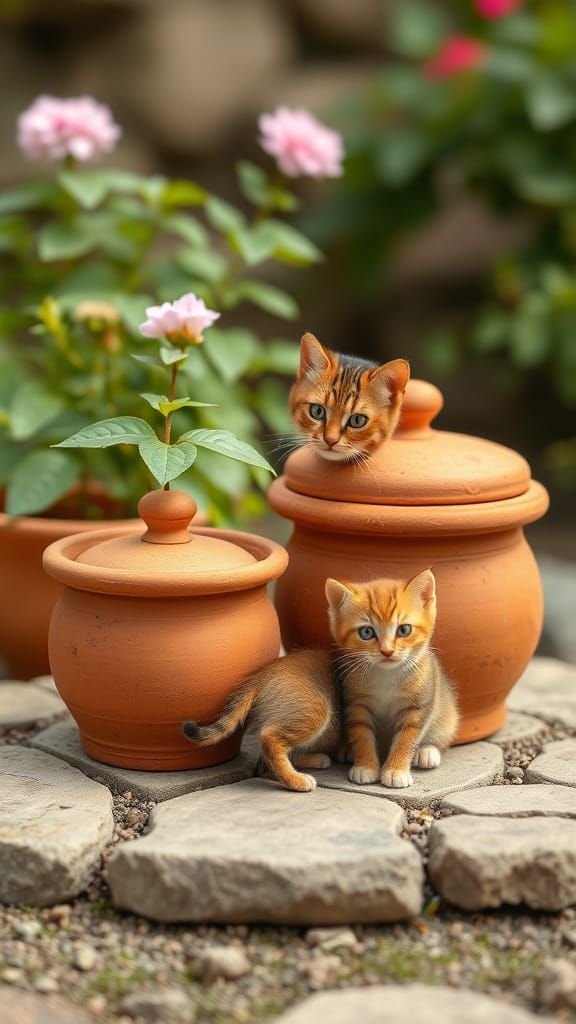 Momma Cat and Kitten in Terracotta Pots