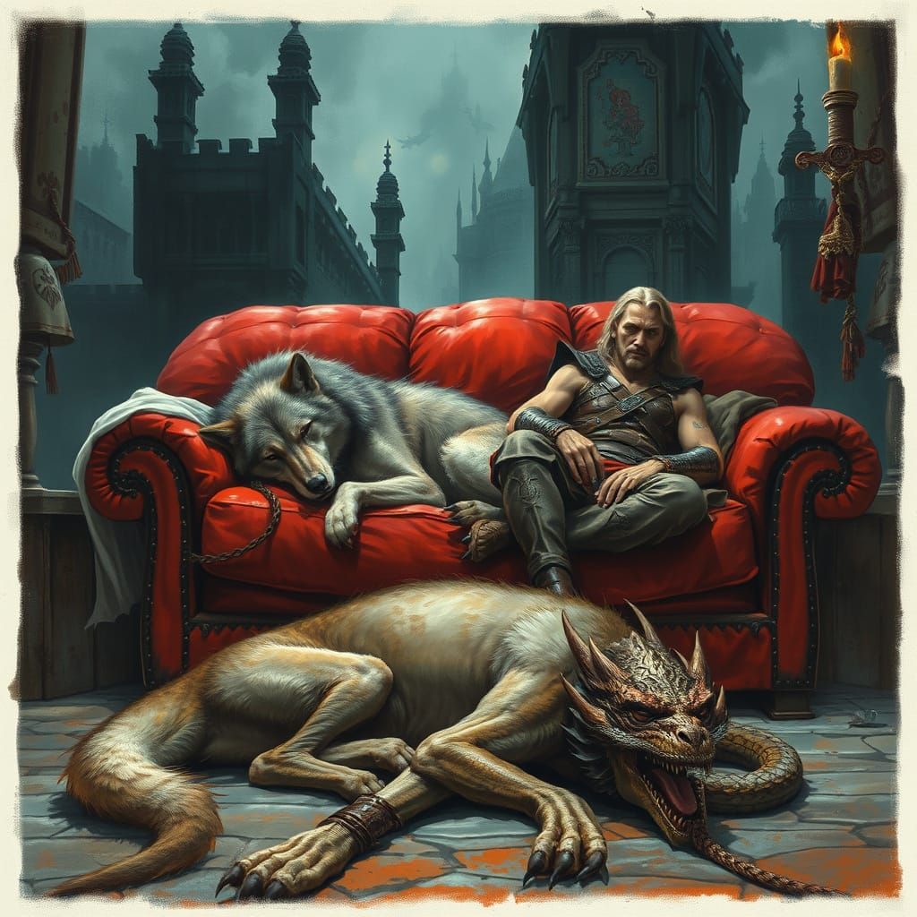 D&D fantasy illustration, ultra-detailed, fantasy artwork depicting a sleeping wolf at the feet of a tired barbarian on ...