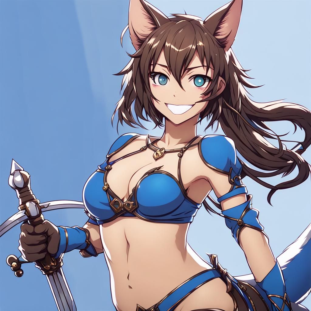 Grinning Catgirl with Rapier in Digital Art Style