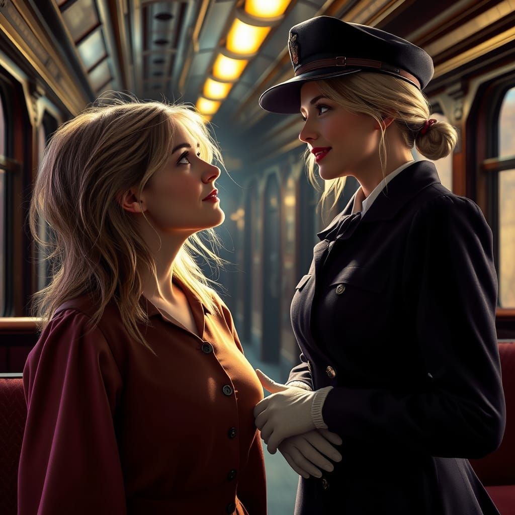 Train Conductor on Vintage Steam Train, Dark Fantasy Art
