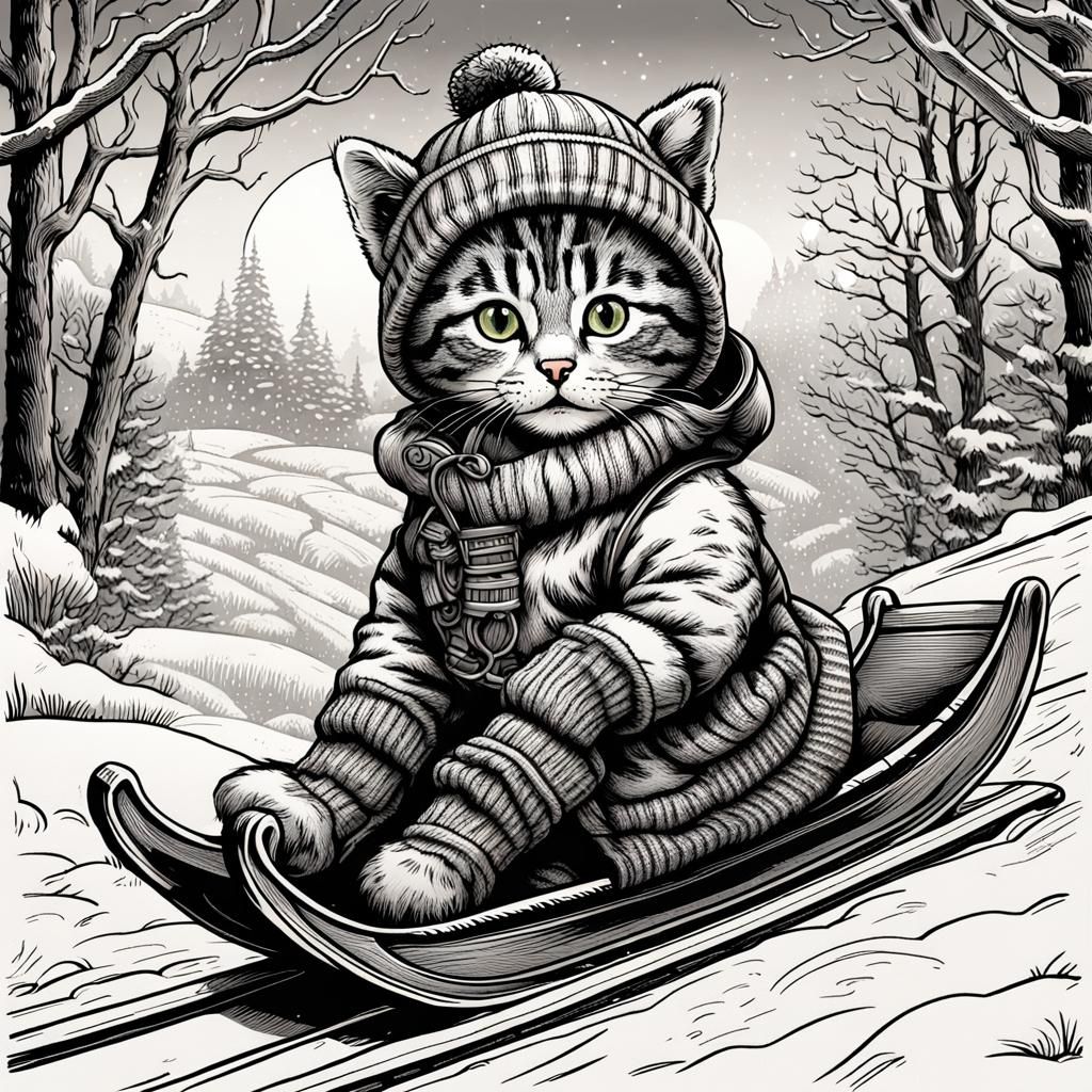 Classic Comic Book-Inspired Tabby Kitten on Toboggan in Whim...