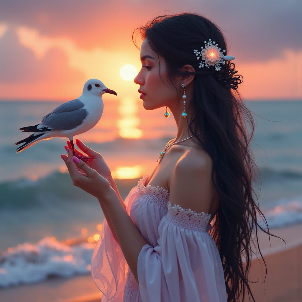 Coastal Maiden with Seagull in Fantasy Setting