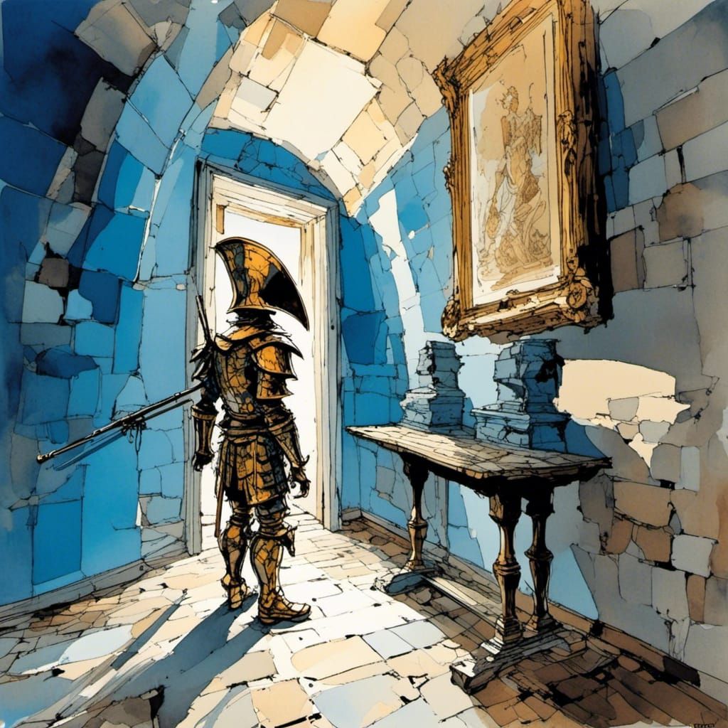 Armored Banjo Player in Peanuts Comic Style