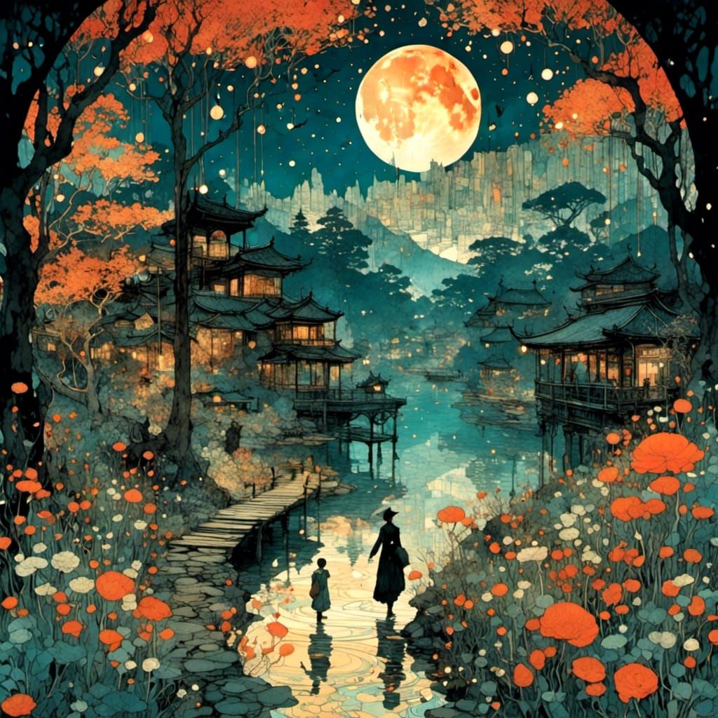 Silhouette Walking into Paradise Portal Under Blood Moon