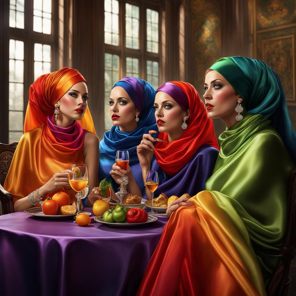 Rainbow Satin Headscarves: Super Realistic Ladies in Digital...