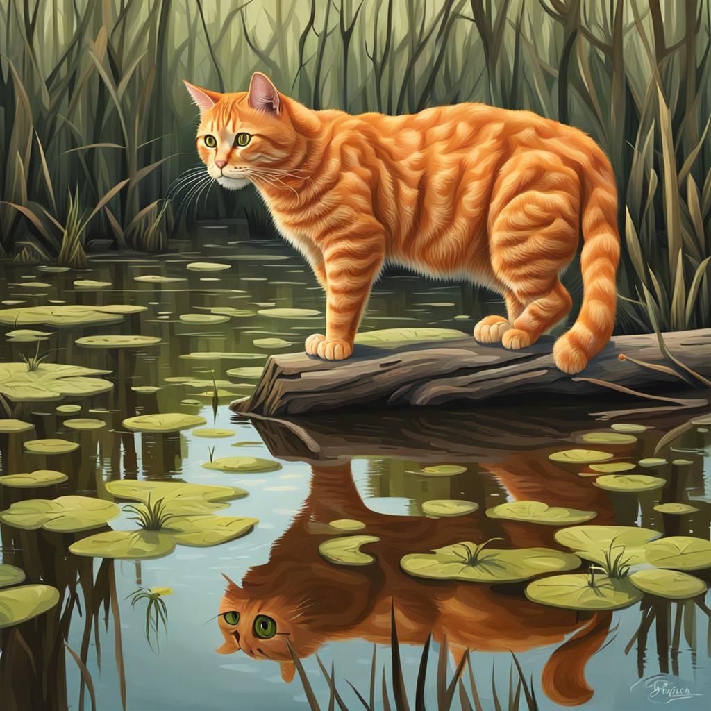 Photorealistic Orange Cat in a Swamp