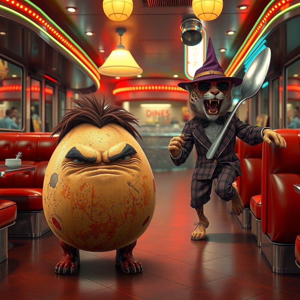 Hyper-Maximalist Caveman Egg vs Giant Coffee Cup in Retro Di...