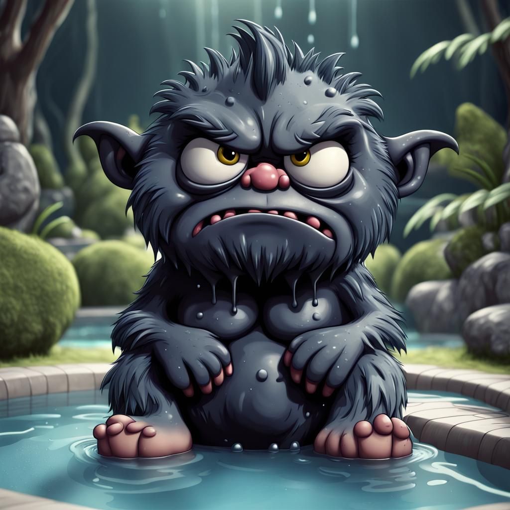 CGI Cartoon: Adorable Grumpy Monster in Water
