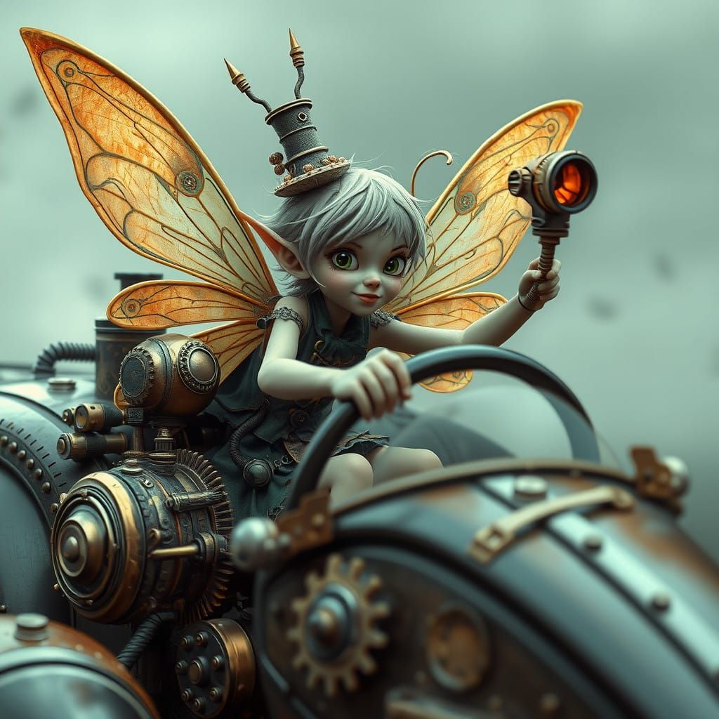 Mischievous Fairy in Steampunk Car