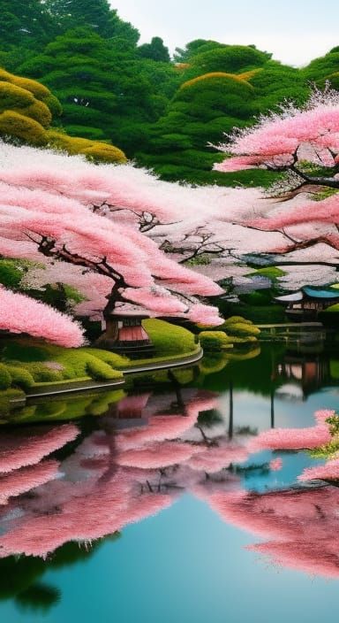 Japanese Cherry Blossom Garden with Mount Fuji