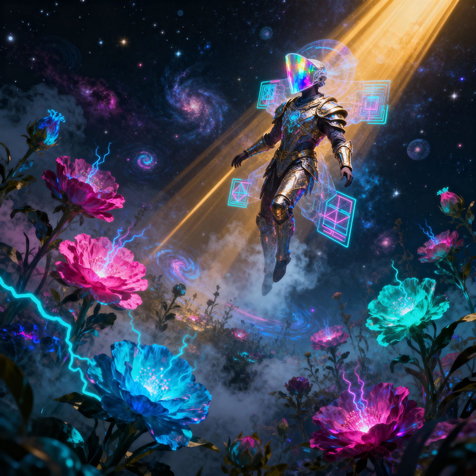 Cosmic Lord Amidst Flowers in Neon Space