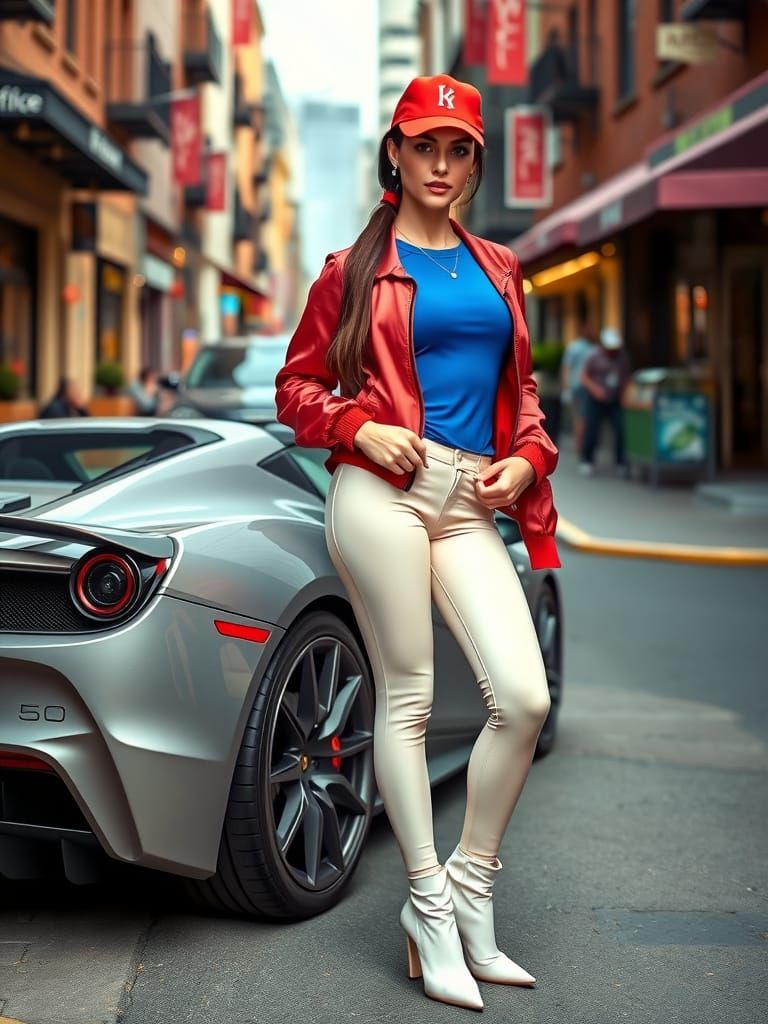 Confident Woman Poses Next to Sleek Sports Car in Urban Stre...