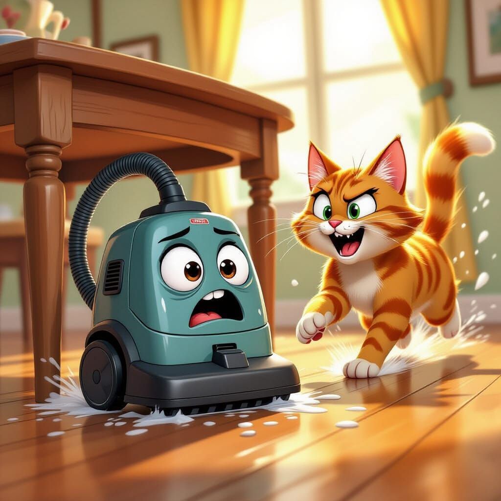Scared Vacuum Cleaner Flees Ginger Cat in Looney Tunes Style