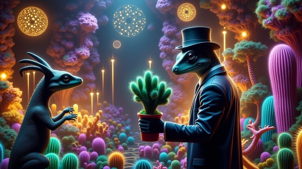 Lizard and Velociraptor Men in Surreal Landscape