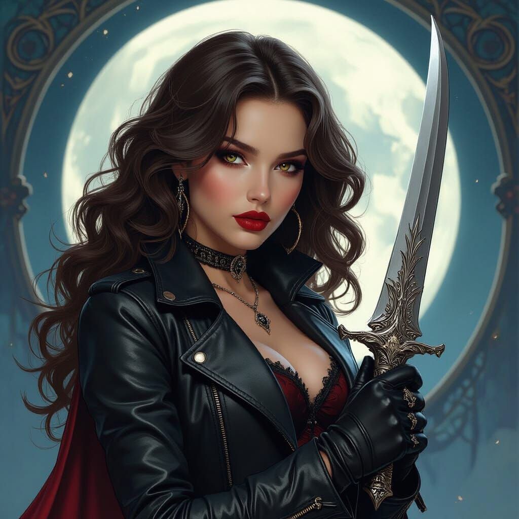 Vampire Girl with Silver Blade in Art Nouveau Style