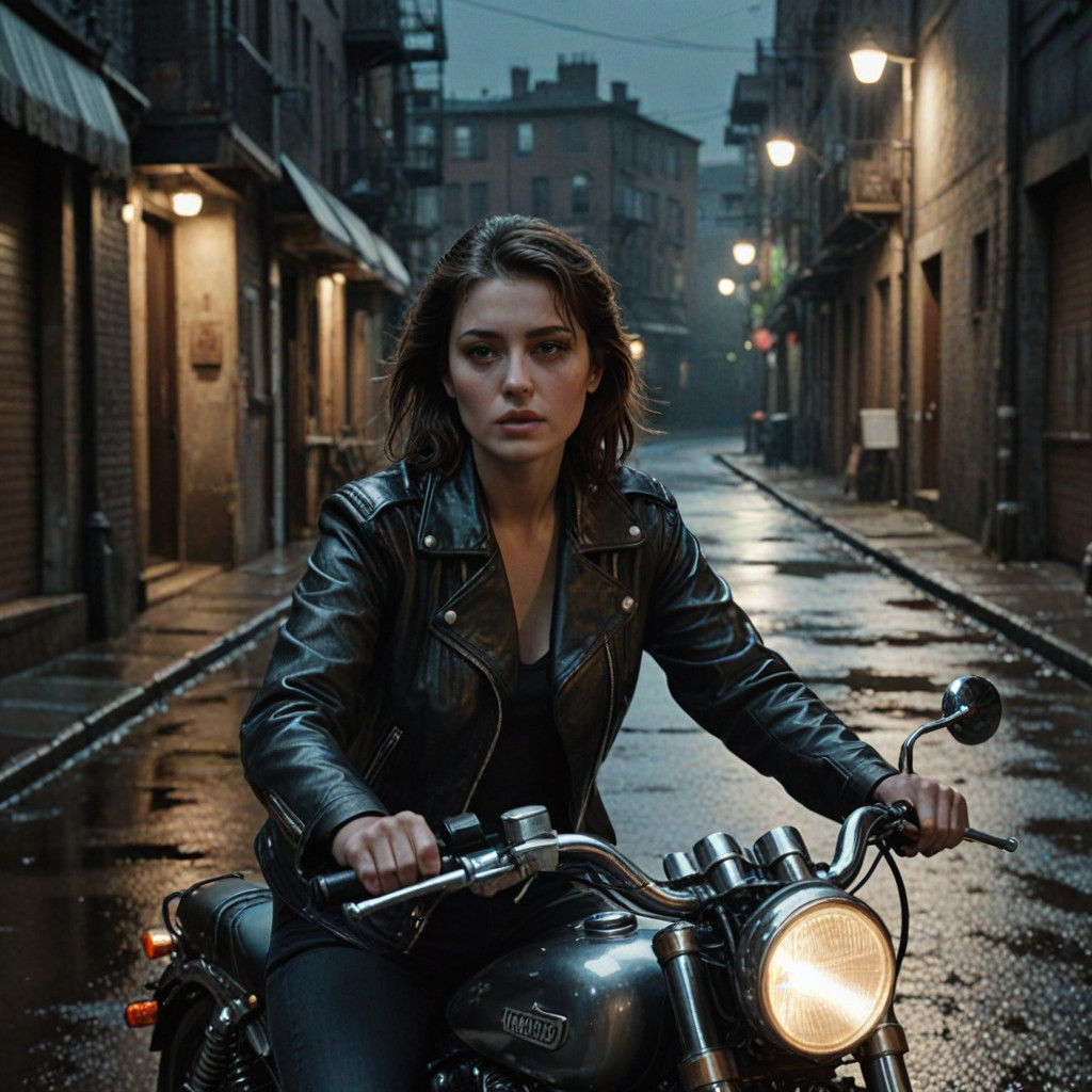 Mysterious Woman in Noir-Inspired Motorcycle Scene
