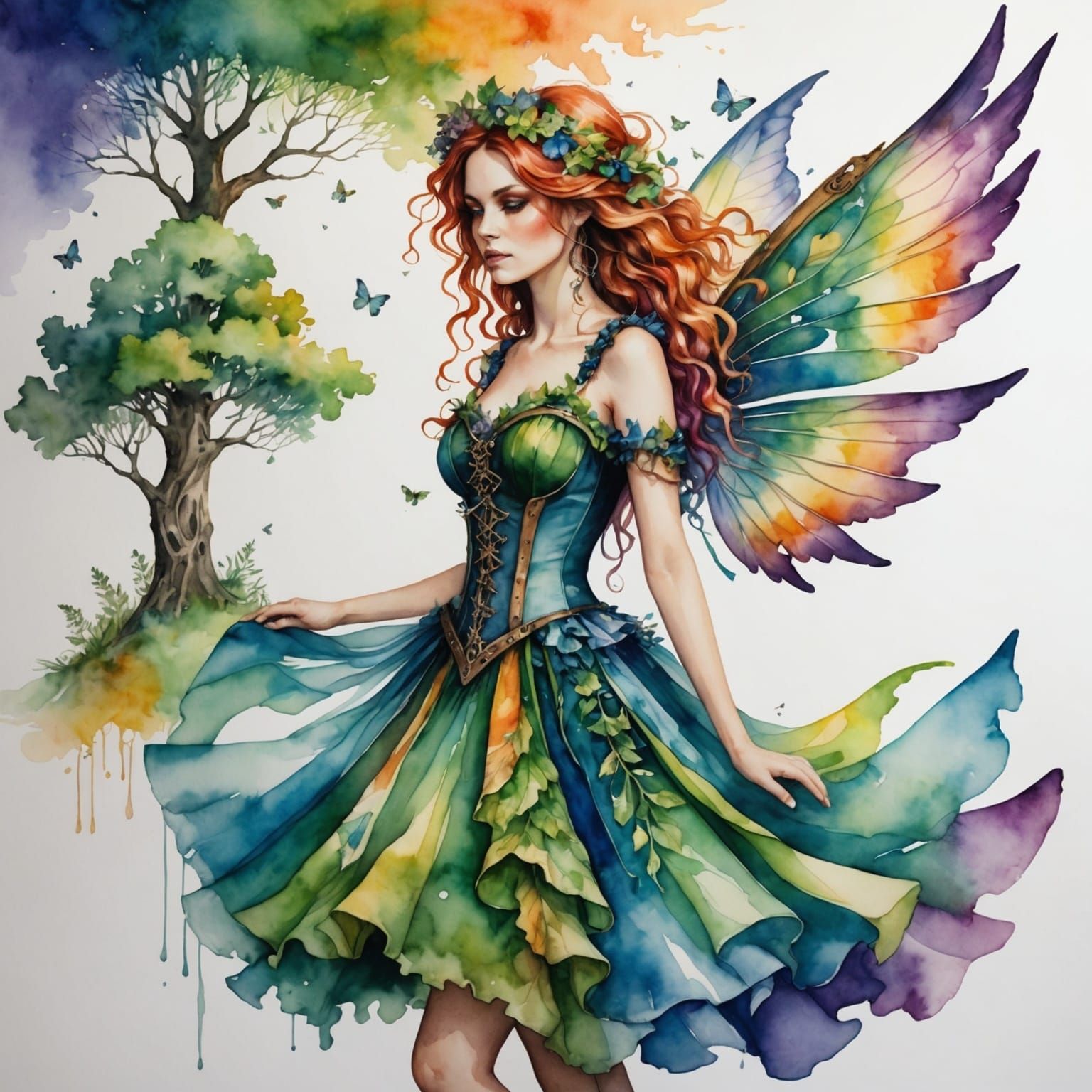 Steampunk Fairy in Watercolor Double Exposure