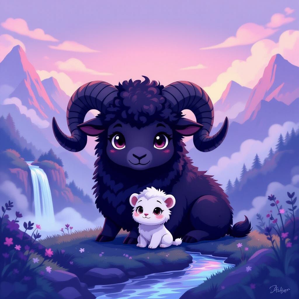 Chibi Ram and Lion Kids in Dusk Mountain Landscape