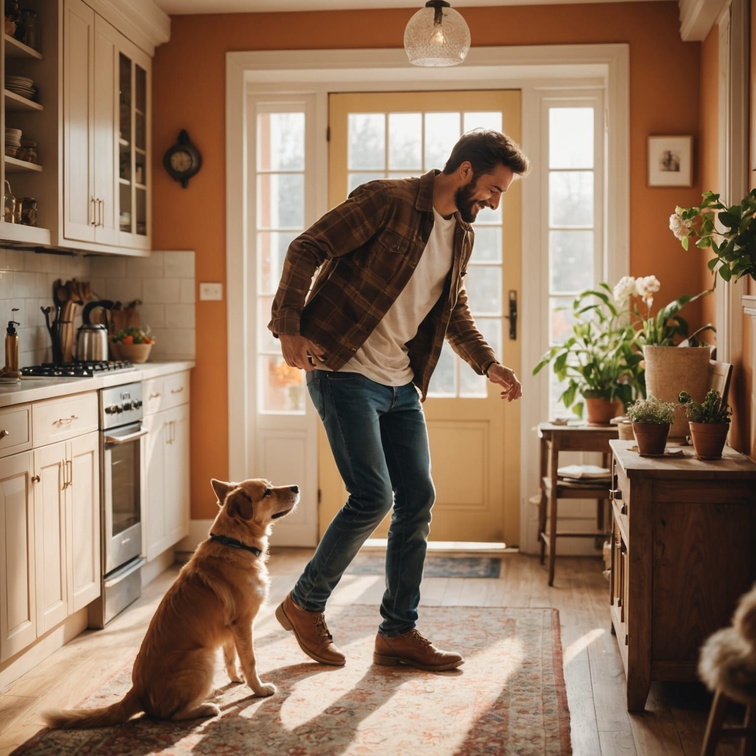 Joyful Puppy Greets Man in Warm Home