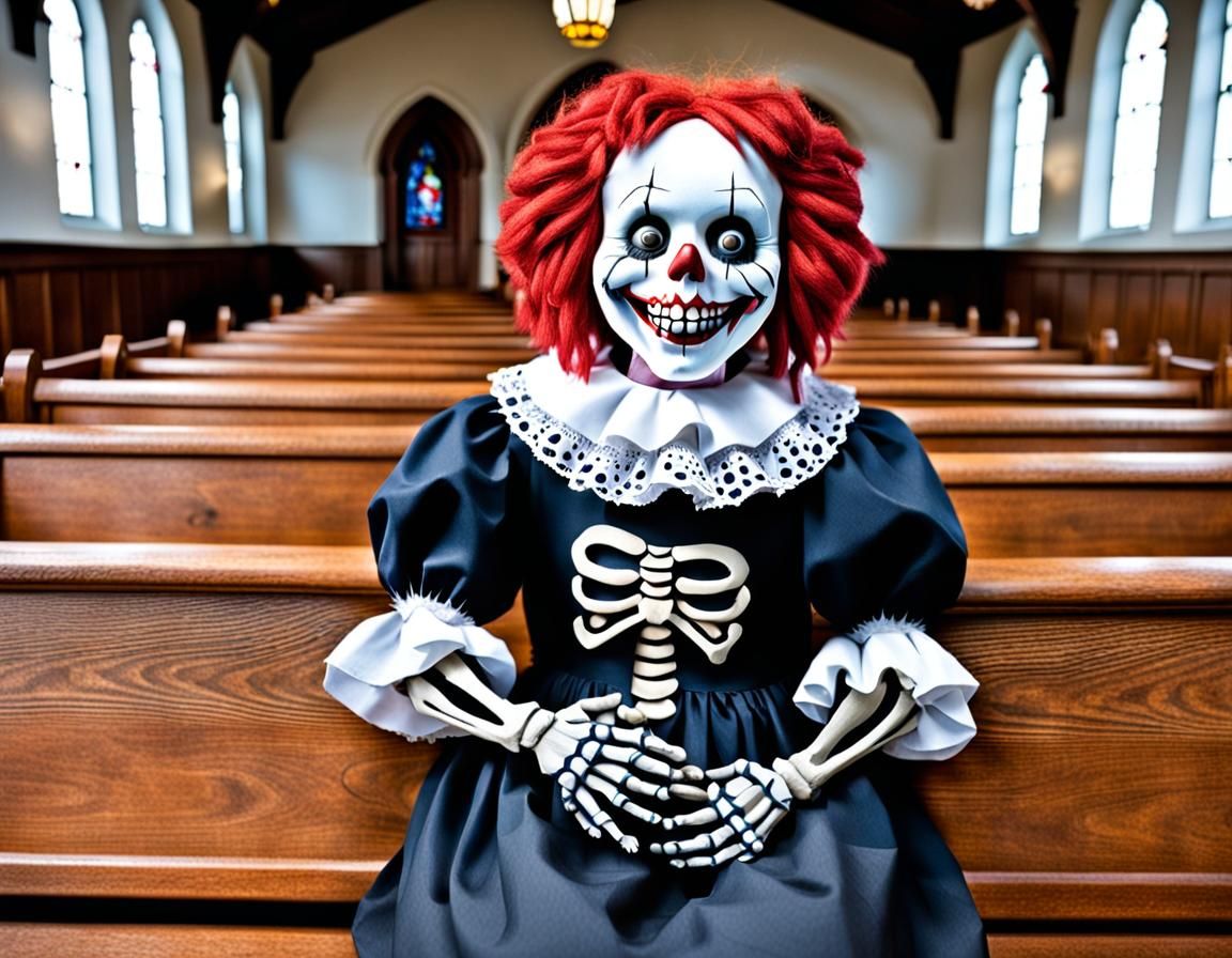 A church with wooden pews, a young girl dressed as an evil R...