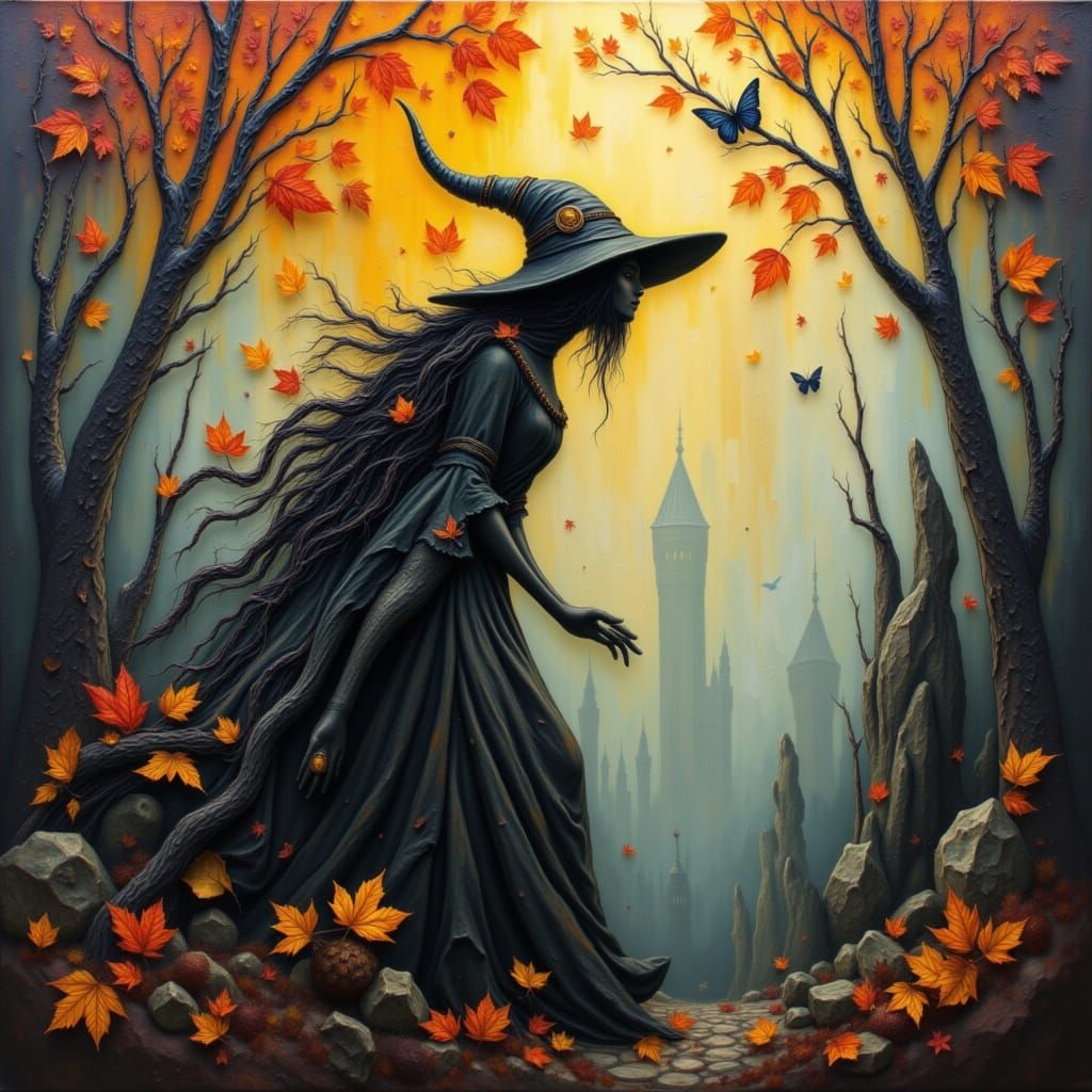 Autumn Witch in Mystical Forest with Ethereal Light