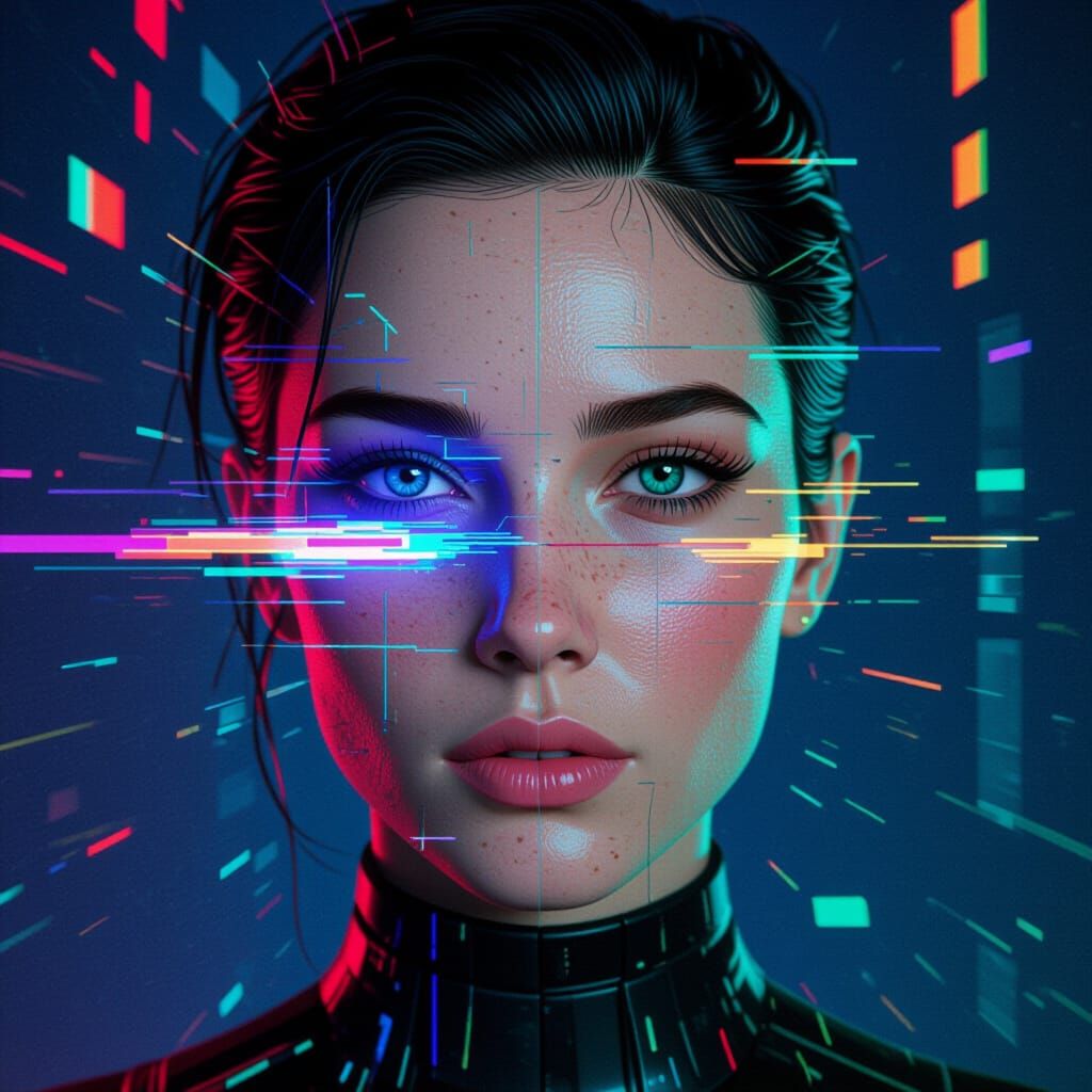 Glitched Portrait in a Futuristic Neon World