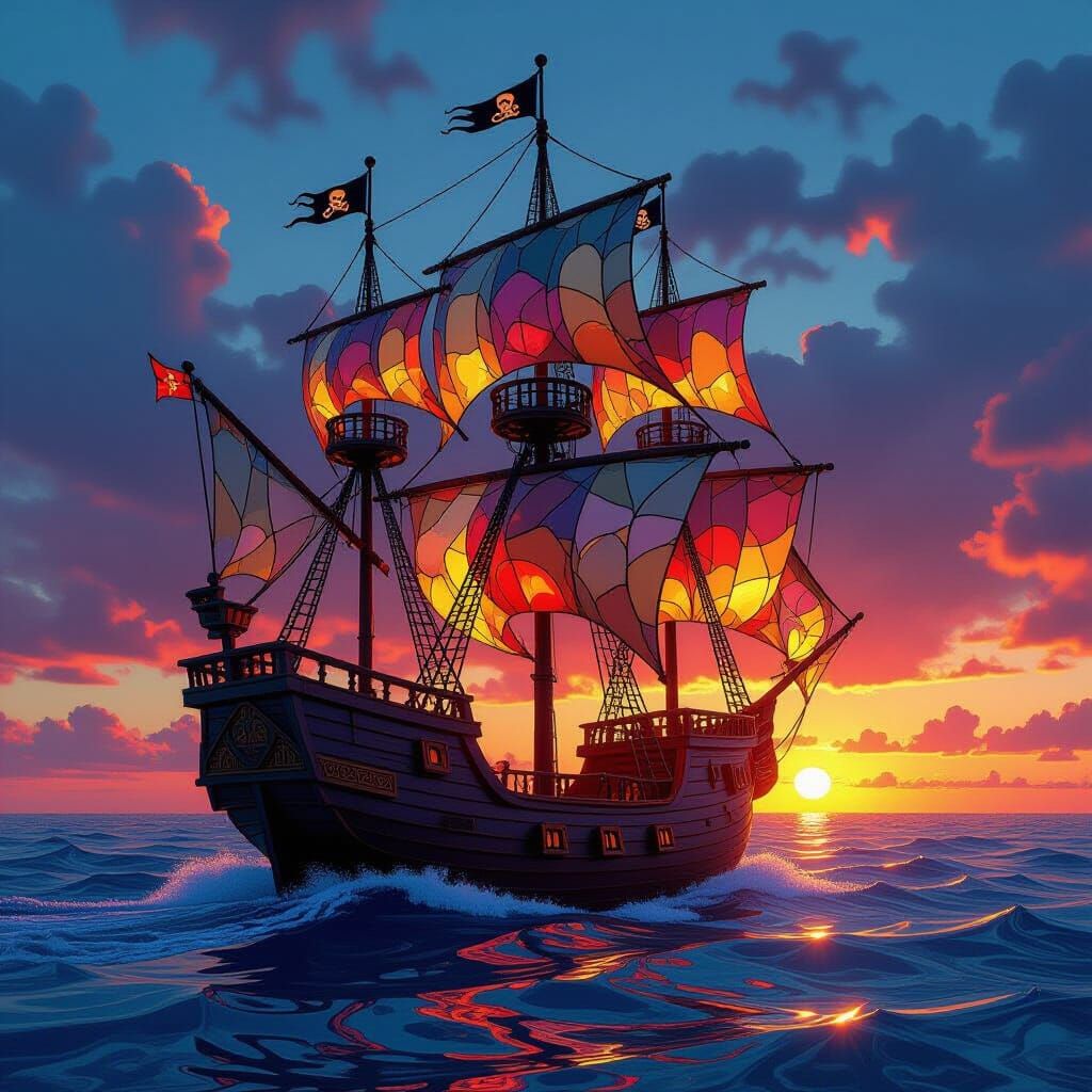 Stained Glass Pirate Ship on Stained Glass Ocean