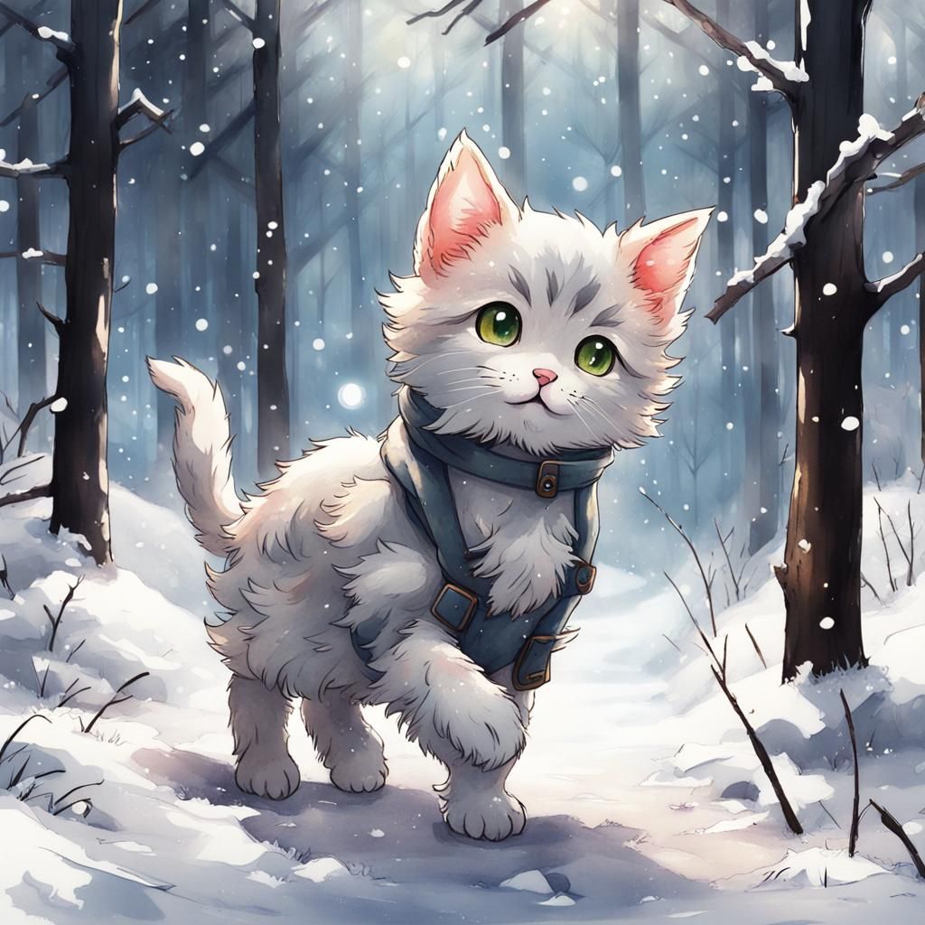 Kitten in Snowy Forest: Anime-Inspired Mixed Media