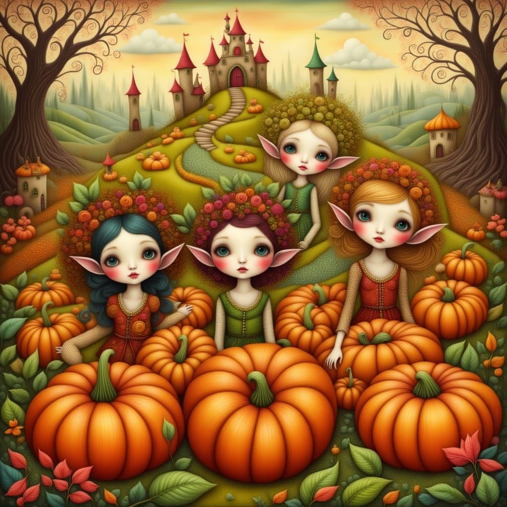 Whimsical Elfin Creatures Among Autumn Pumpkins