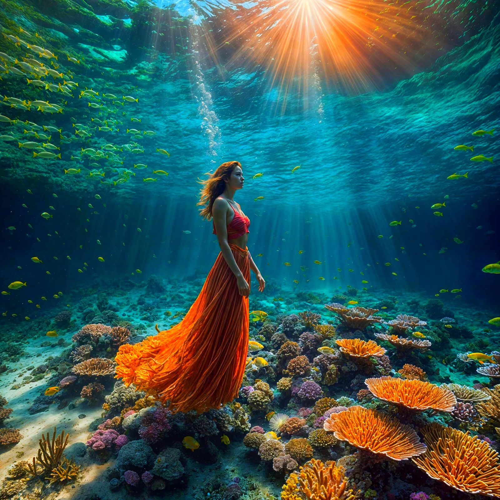 Freediver in Coral Library Bathed in Sunlight