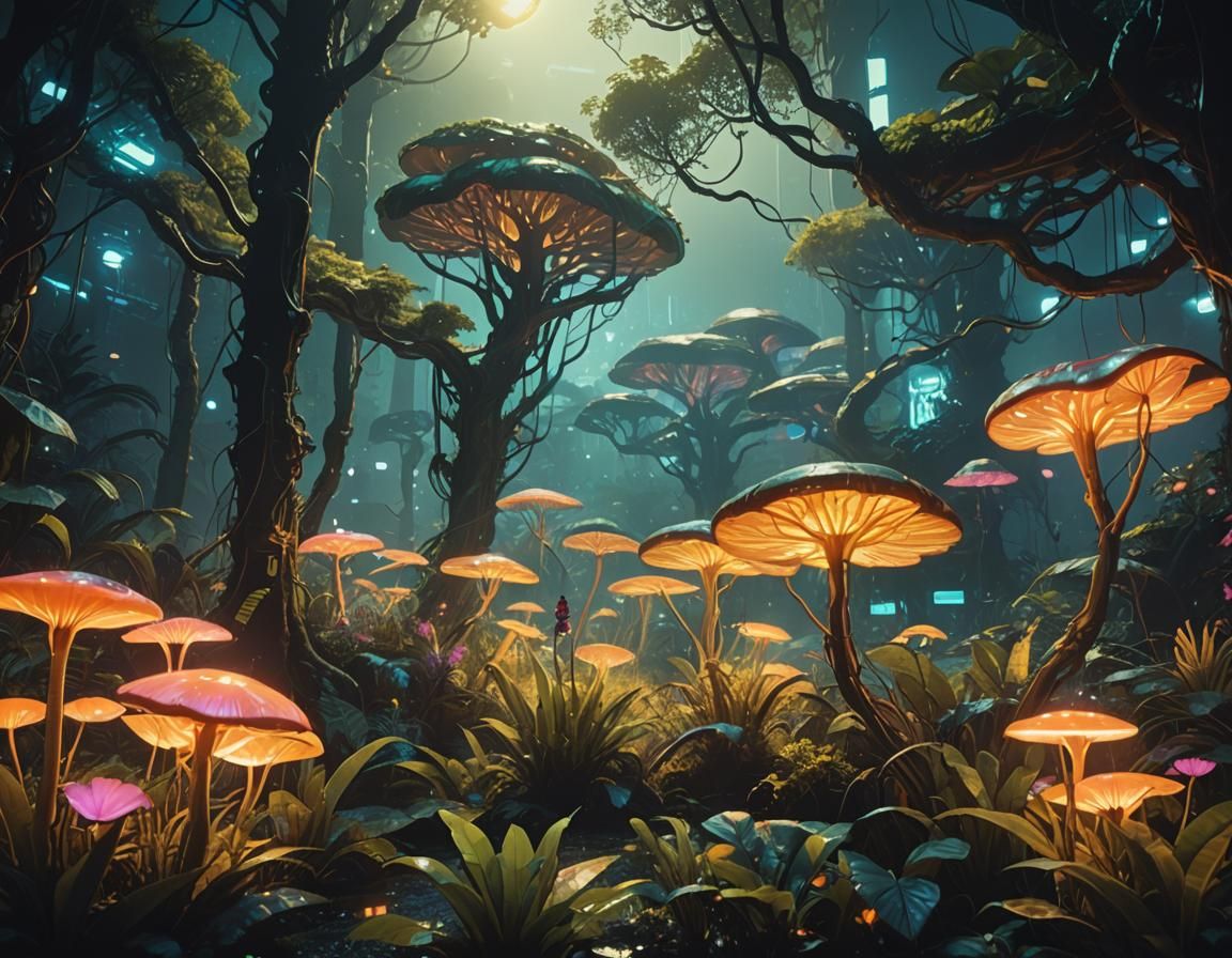 Bioluminescent Jungle with Neon Cyberpunk Creatures