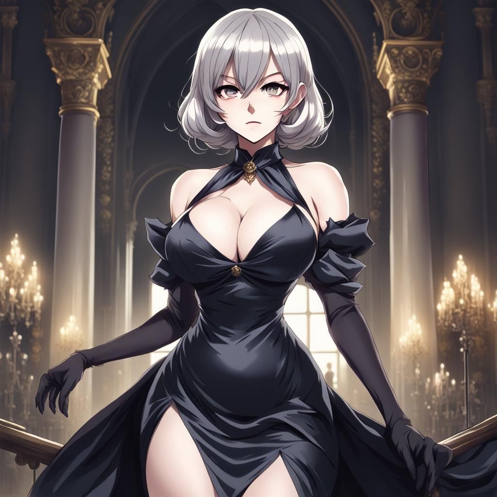 Evil Anime Goddess in Satin Dress