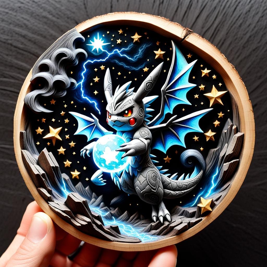 Detailed Pokémon Wood Carving with Celestial Elements