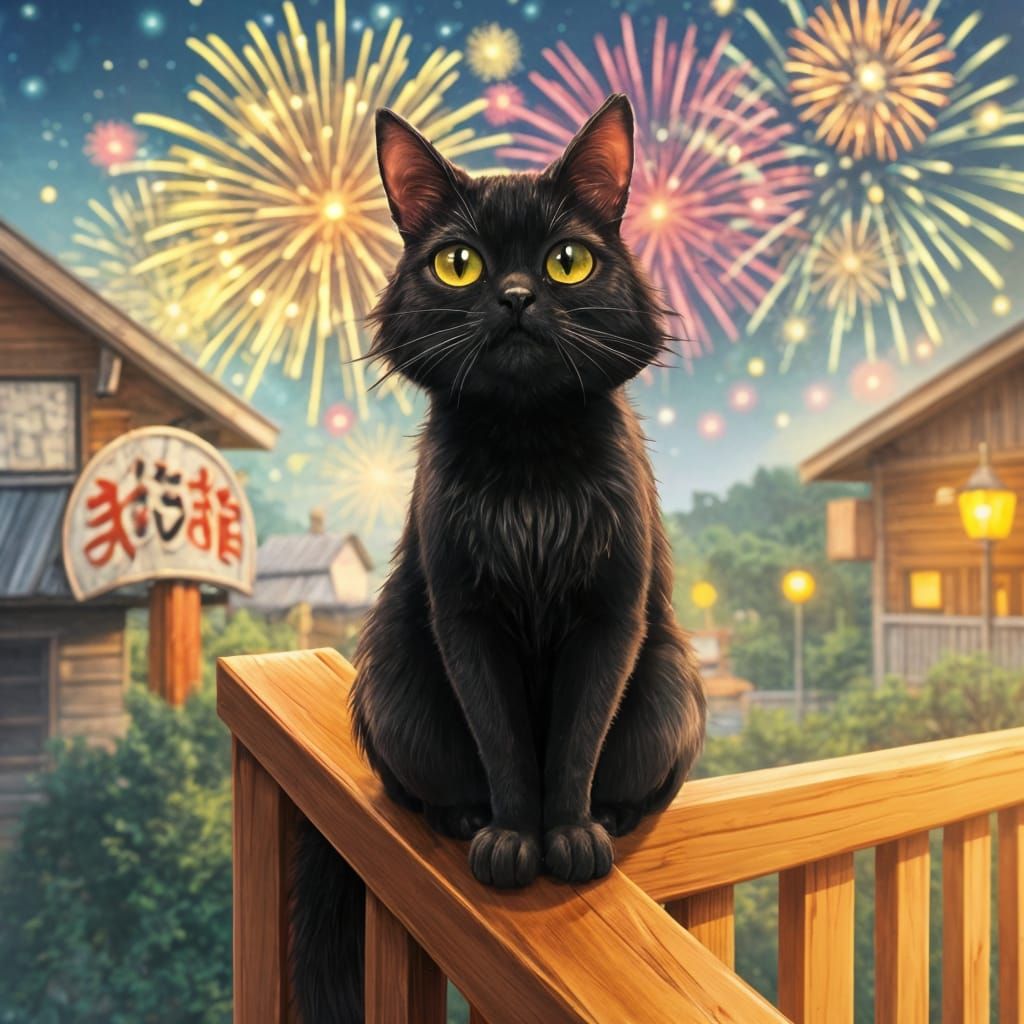Glowing Fireworks Light Up a Sleek Black Cat's Anime Portrai...