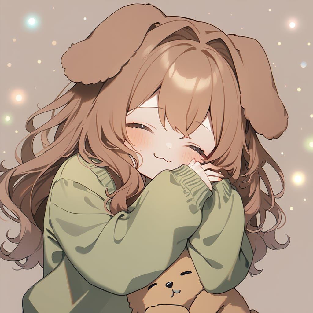 Chibi Dog-Girl Hugging in Green Sweater
