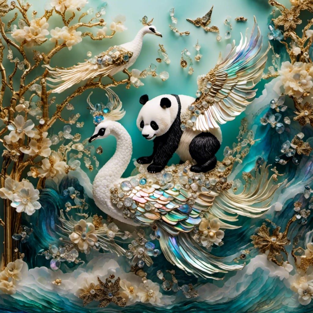 Abalone Cranes Floating on Breeze in Hyperreal Style