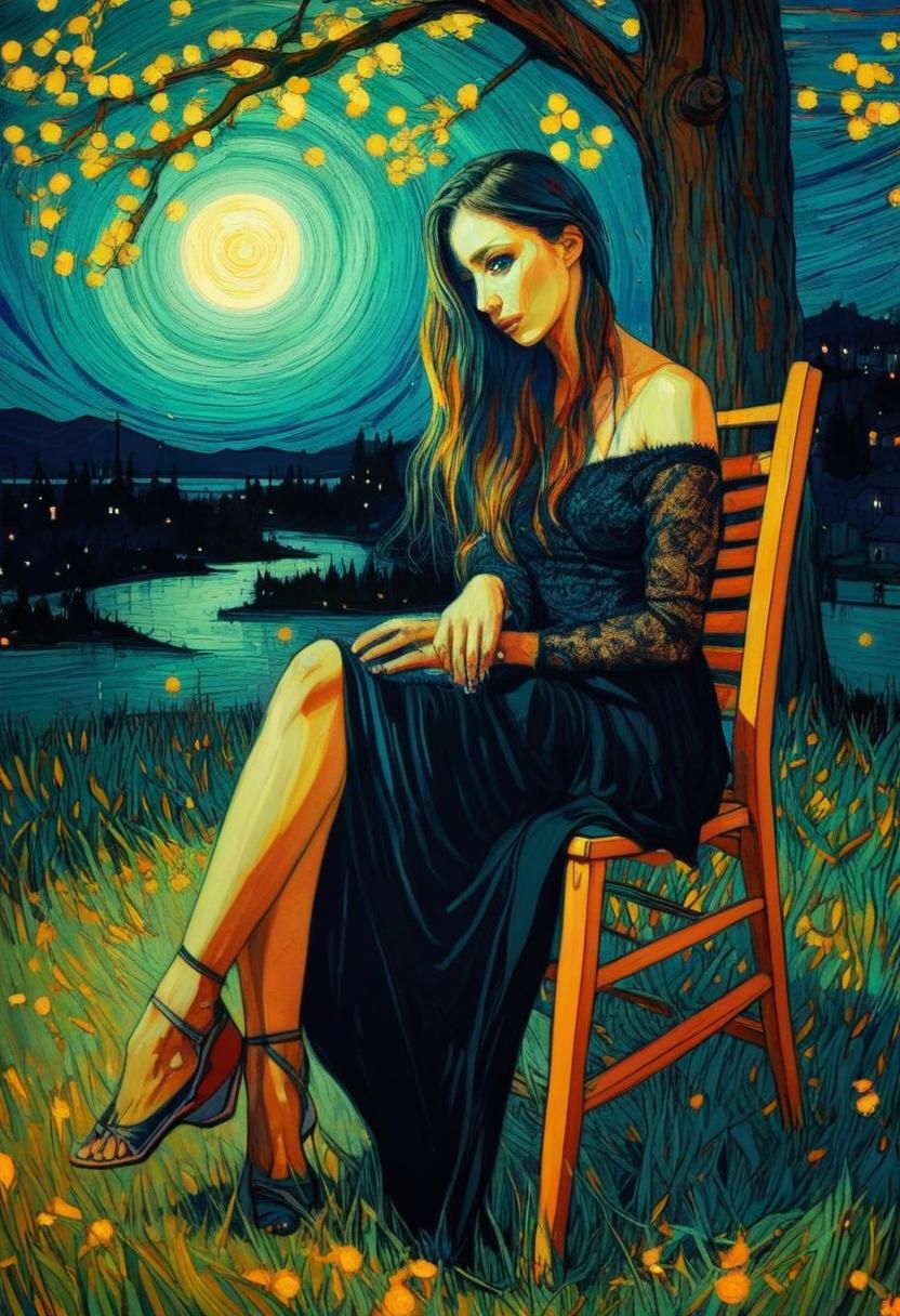 Anime Girl Under Tree in Van Gogh Style