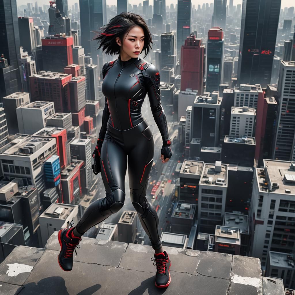 Cyberpunk Gymnast in Armored Suit