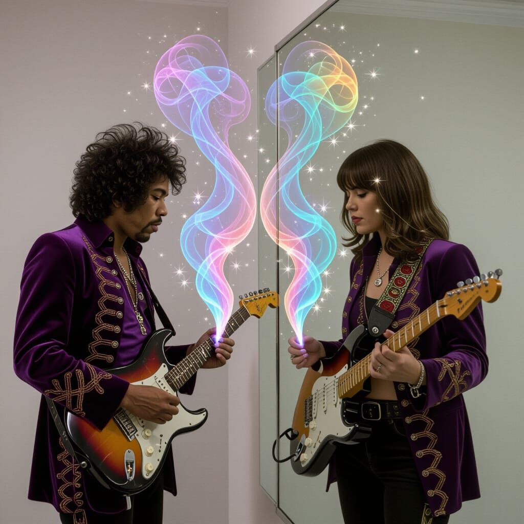 Jimi Hendrix and Guitarist Reflected in Mirror with Cosmic S...