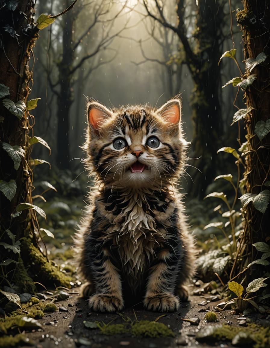 Happy Kitten in Natural Habitat: Hyperrealistic Film Photo