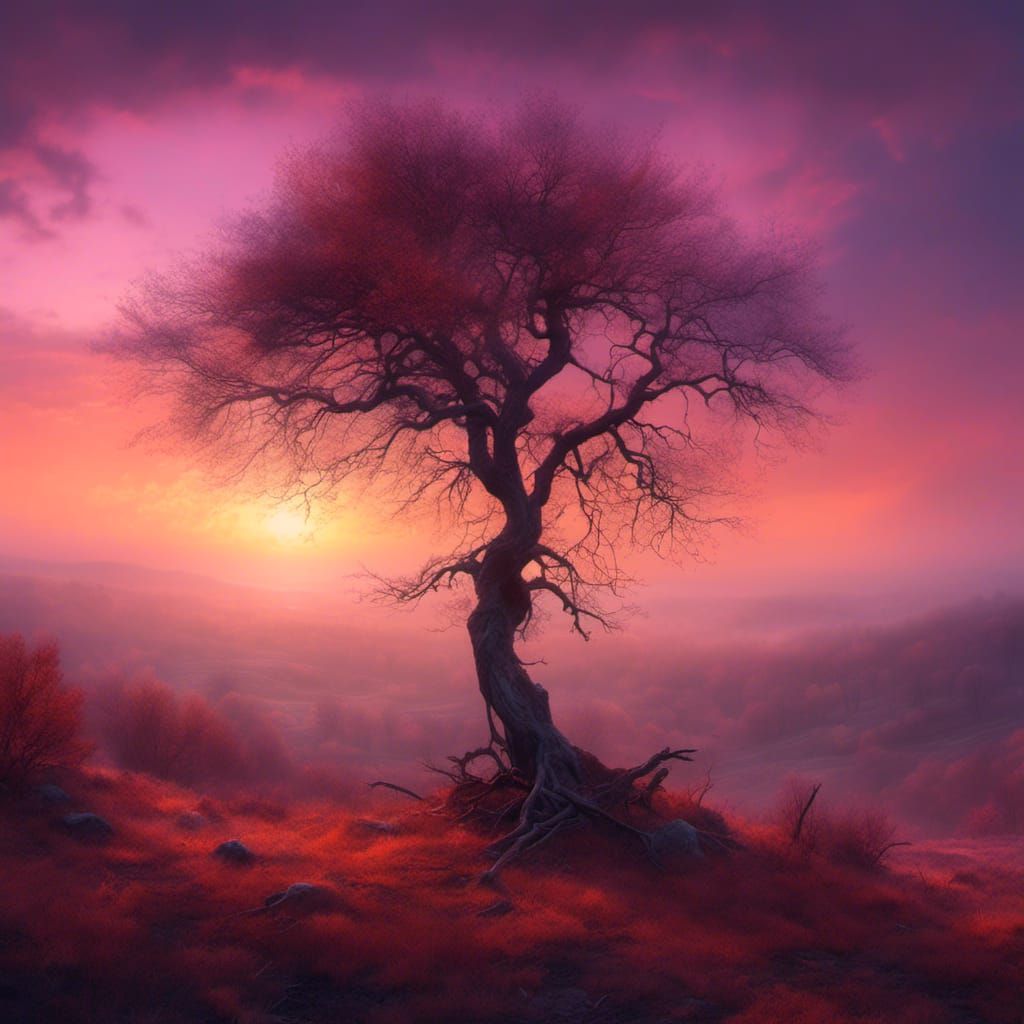 Misty Forest Sunset with Bare Tree in Pastel Colors