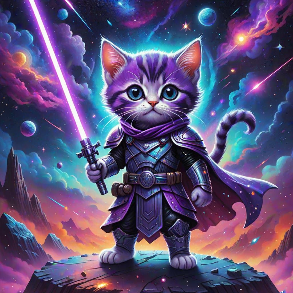 Heroic Sith Kitten Wields Lightsaber in Cosmic Galaxy
