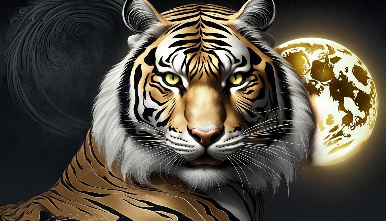 Woman and Tiger Under Moonlit Sky