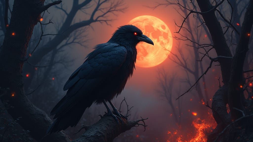 Majestic Raven in Fiery Forest