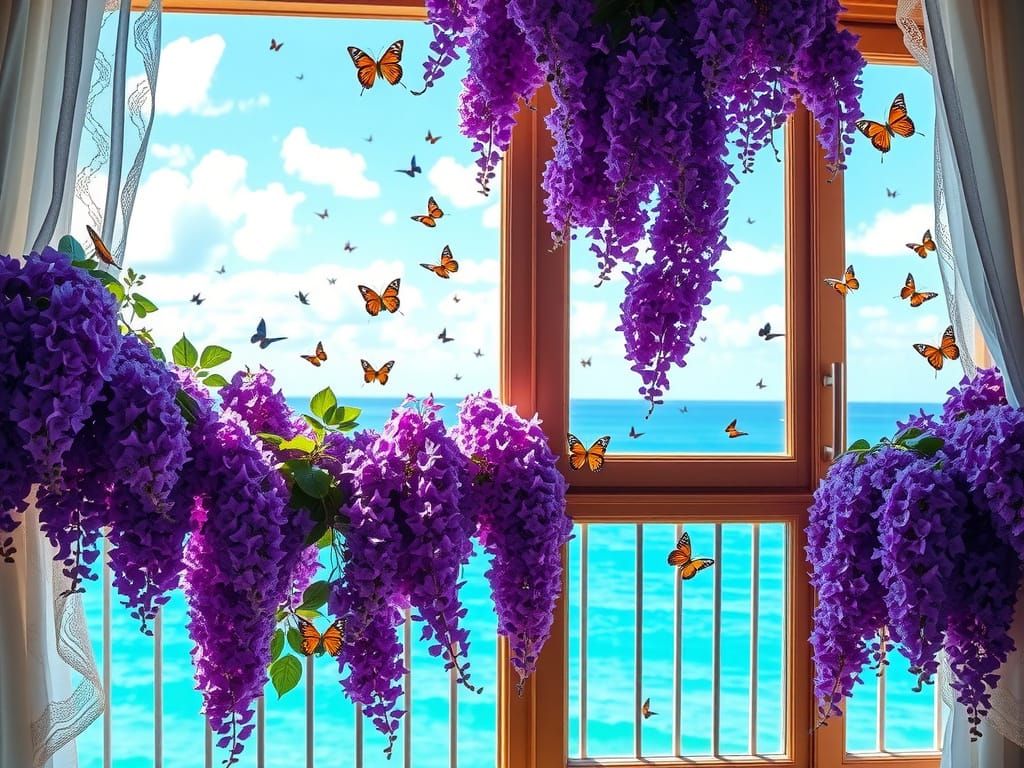 Ocean View Window with Purple Wisteria and Butterflies