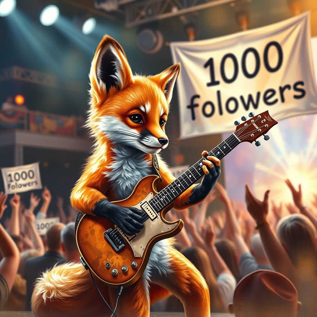 Vibrant Oil Painting of Fox Cub Guitarist in Concert