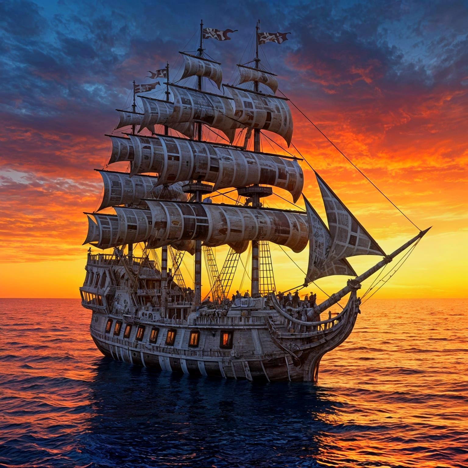 Newspaper Pirate Ship at Sunset in Deep Color Fantasy