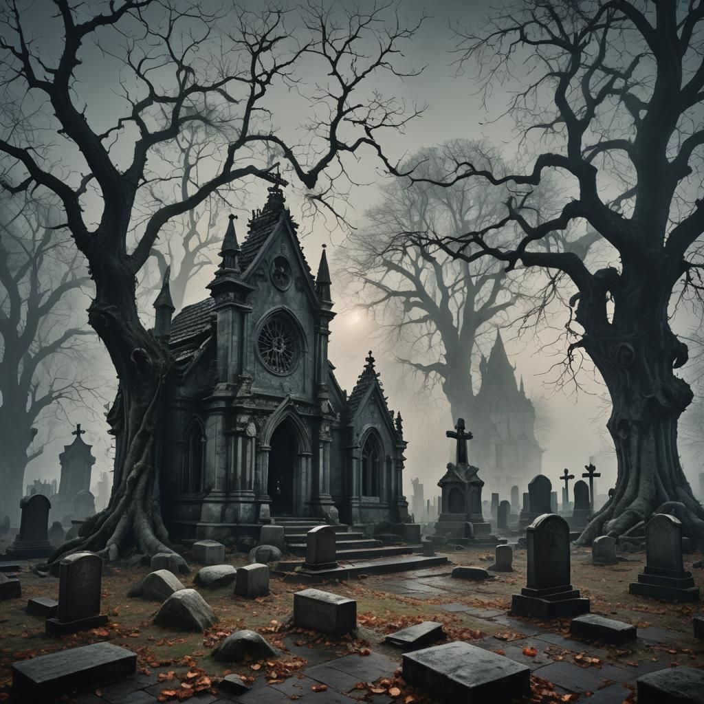 Eerie Gothic Graveyard at Midnight in Fantasy Art Style